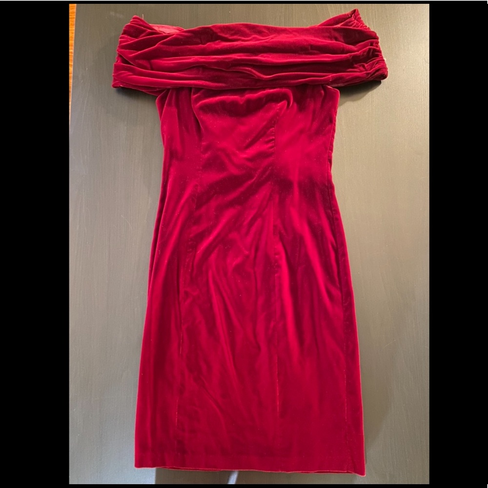 80’s off the shoulder vintage red velvet party dress